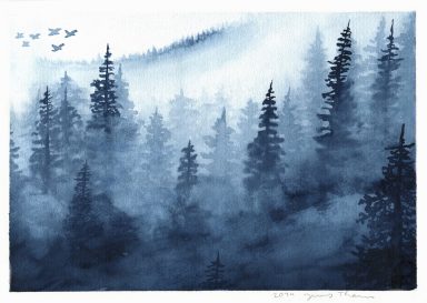 Nebliger Wald gemalt mit Wasserfarben