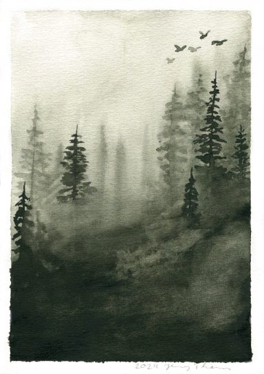 Wald im Nebel in Aquarell gemalt